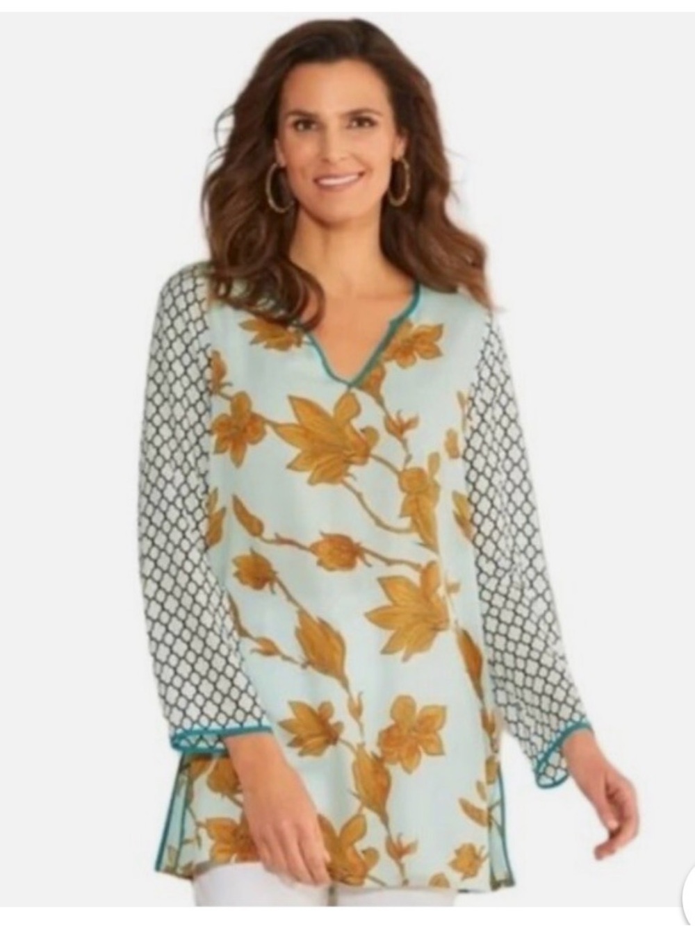 Soft Surroundings Ophelie Tunic Top Petite Small Blue Floral Geometric Mixed